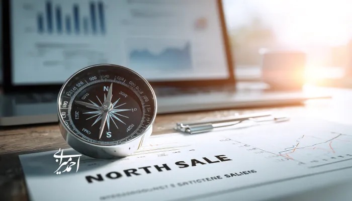 قطبنمای فلزی روی میز کنار لپتاپ با نمودارهای فروش و برگهای با عنوان «NORTH SALE»، در نور گرم صبحگاهی؛ نمادی از جهتدهی و ستاره شمالی فروش.